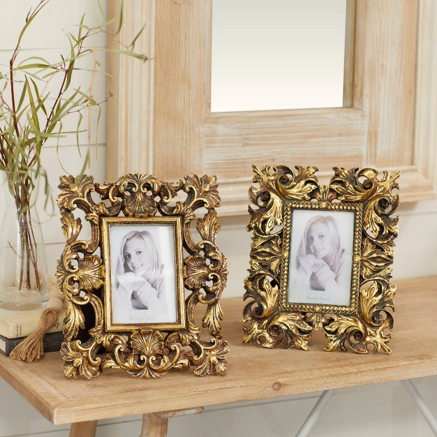 Set Of 2 Polystone Scroll Handmade Intricate Carved 1 Slot Photo Frames Gold Olivia amp May