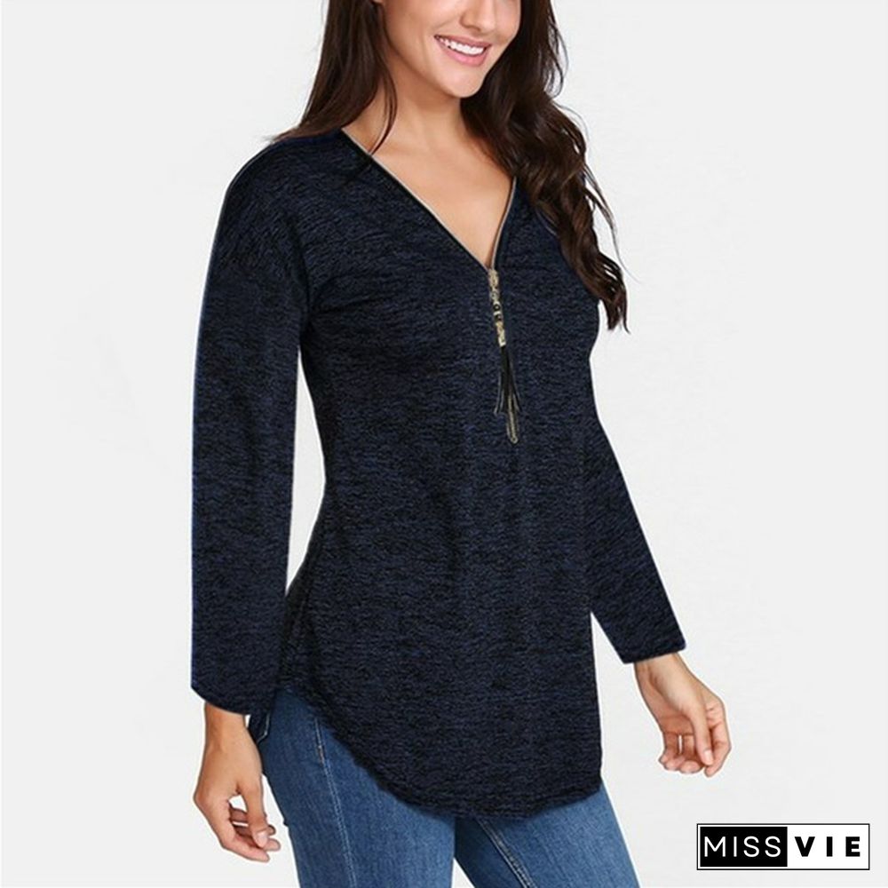 S-5XL Women Autumn Plus size Casual Loose V-neck Zippers Long sleeves Pure color Tops T shirts