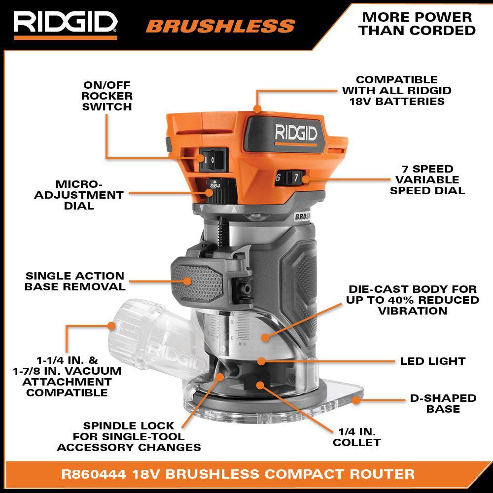 RIDGID 18V Brushless Cordless Compact Router (Tool Only) R860444B