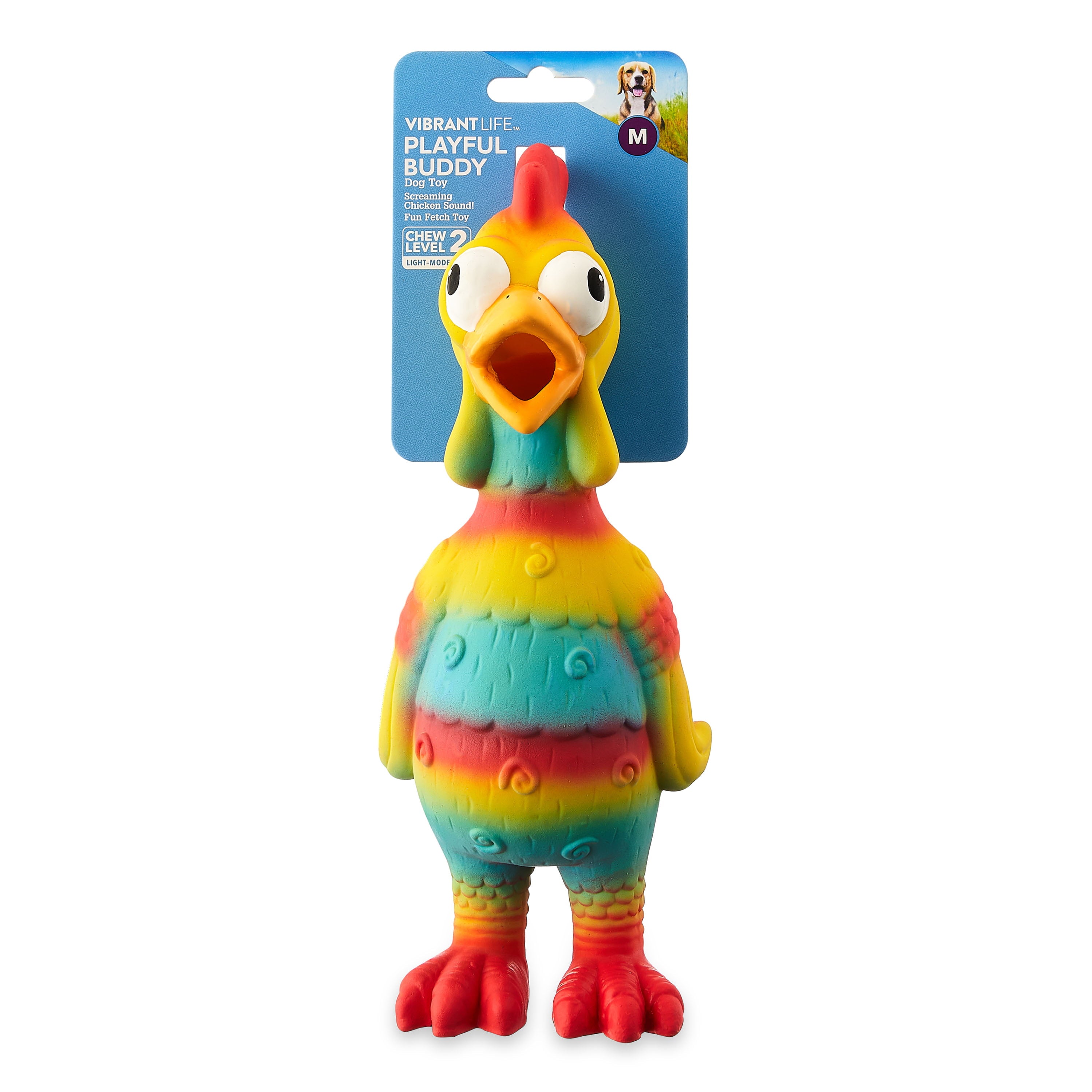 Vibrant Life Playful Buddy Tie Dye Chicken Dog Toy， Chew Level 2， with Squeaker.