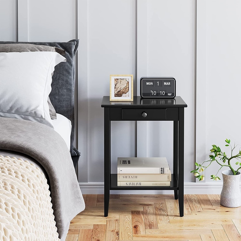 Table with Drawer Black End Table Narrow Bedside Tables with 2 Tier Storage Shelves Versatile Night Stand