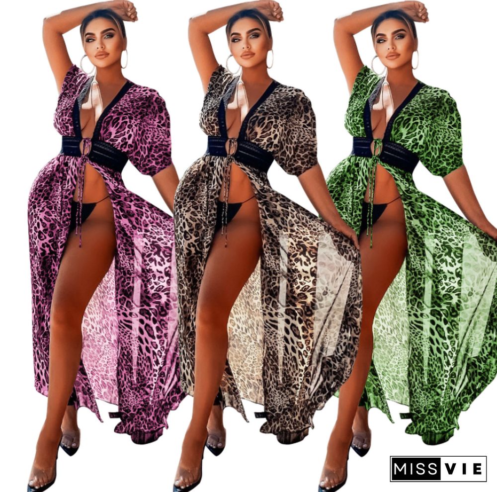 Fashion Leopard Print Chiffon Short Sleeve Deep V Neck Lace Patchwork Waist Lace Up Beachwear Long Dress