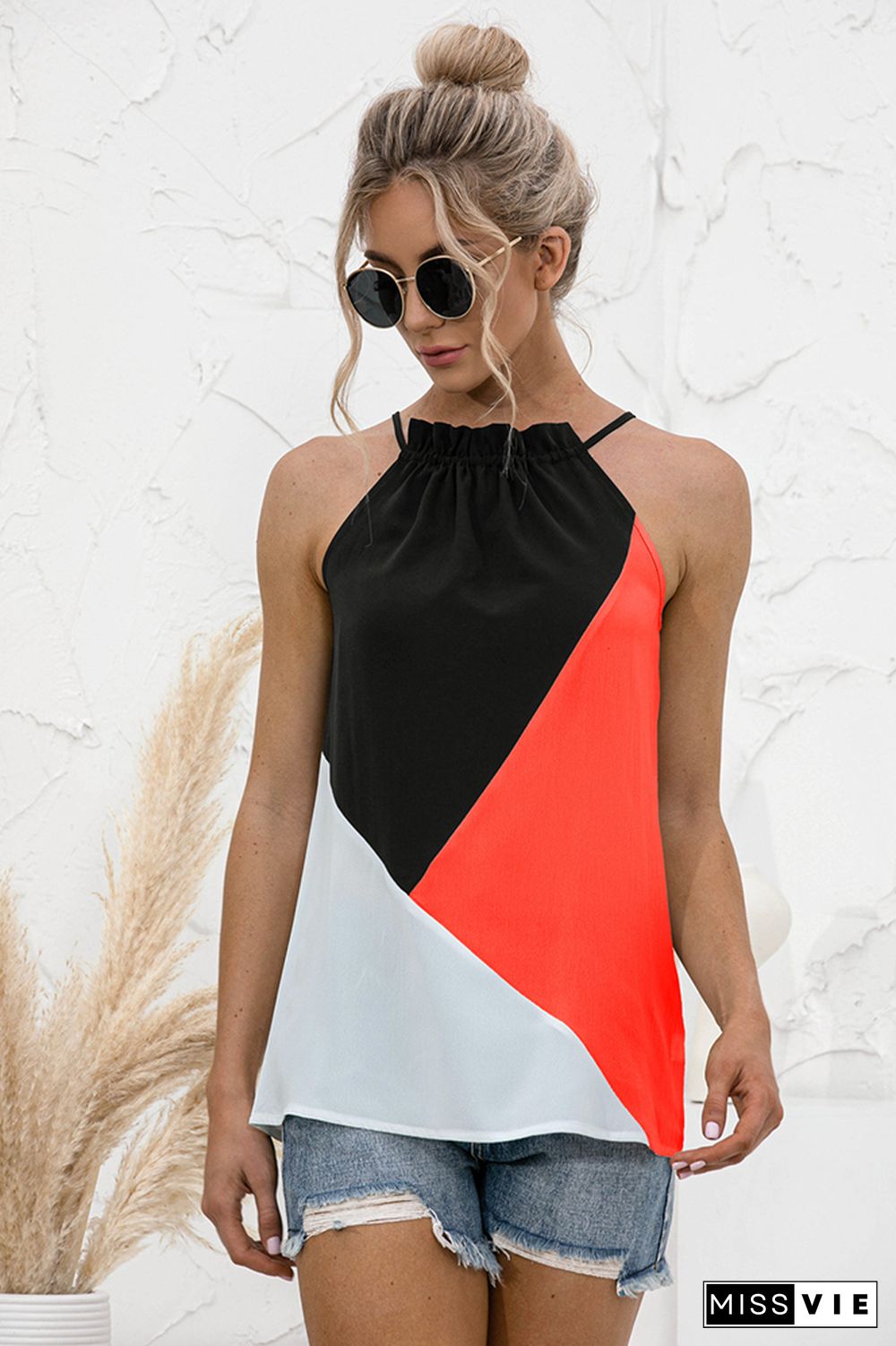 Color Block Halter Sleeveless Tank Top