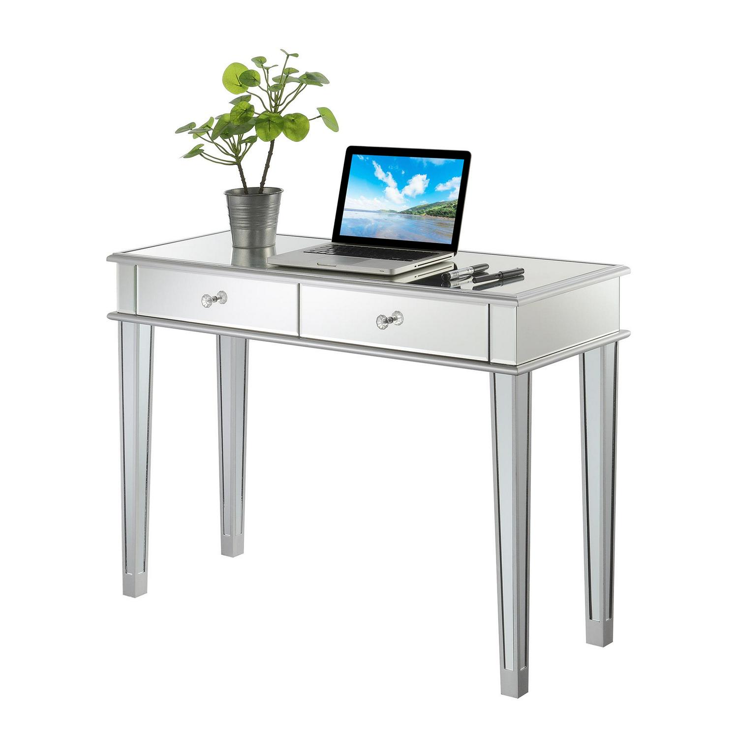 Convenience Concepts Gold Coast Deluxe 2 Drawer Mirrored Desk/Console Table， Mirror/Silver