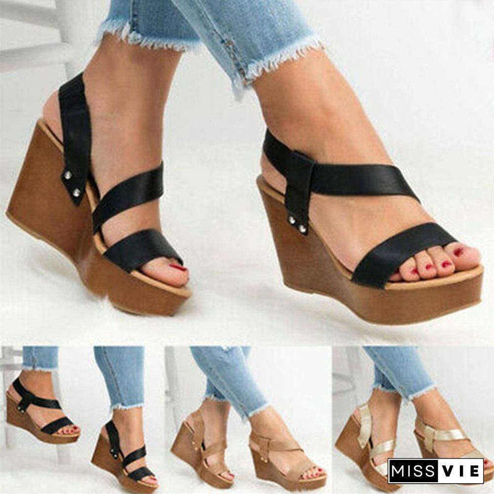 Bohemian Women Sandals Ankle Strap Straw Platform Wedges for Female Shoes Flock High Heels Cover Heel Sandal