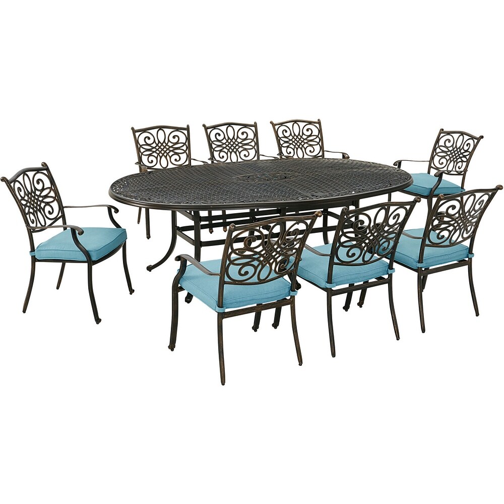 Hanover Traditions 9 Piece Dining Set in Blue with Eight Stationary Dining Chairs and 95 in. x 60 in. Oval Cast Dining Table