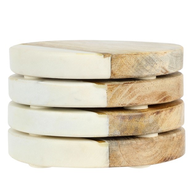 Laurie Gates White Marble And Mango Wood Round 4 Piece Coaster Set