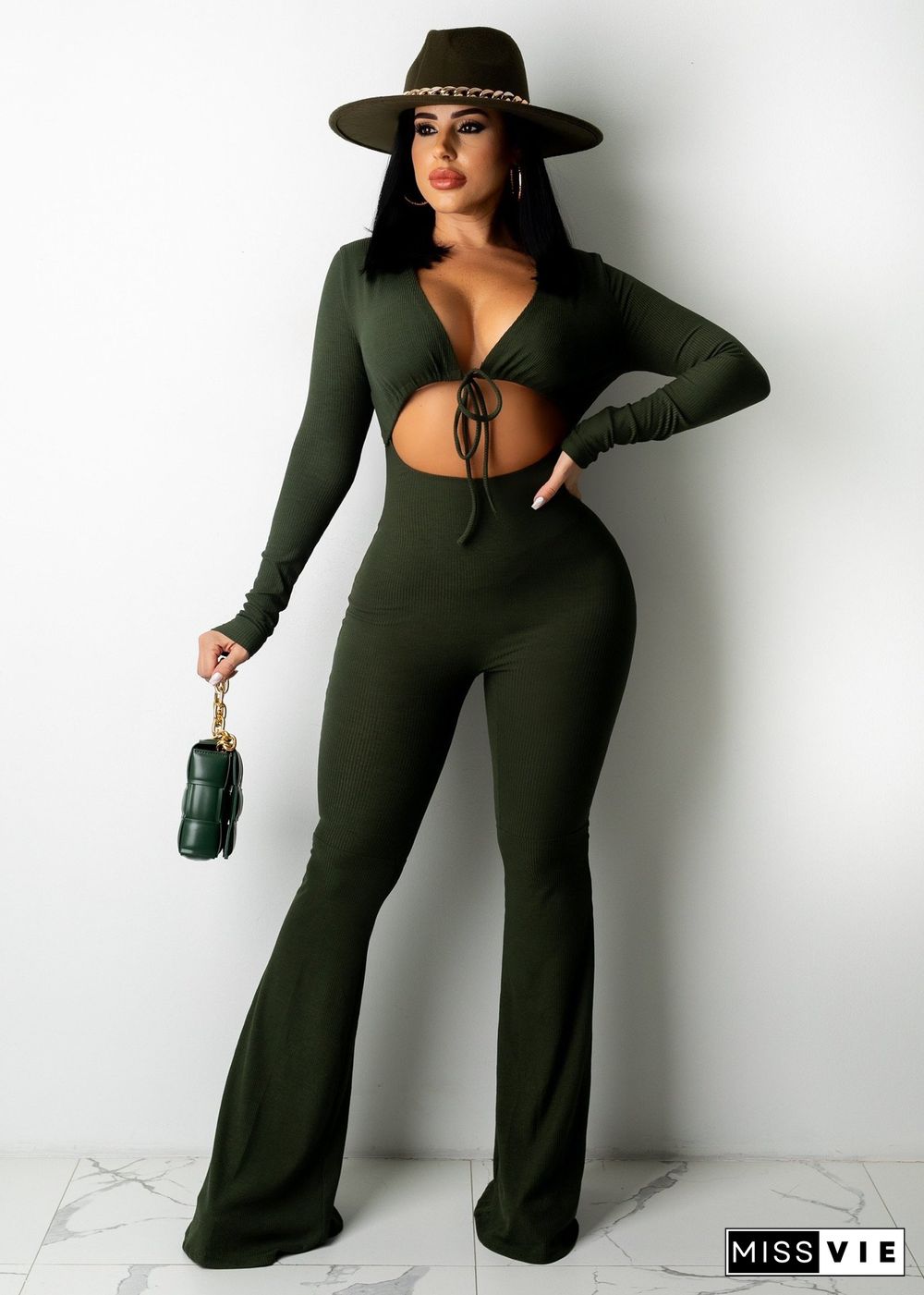 Ribbed Cropped Stretch Pit Strip Long-sleeved Flared Jumpsuit