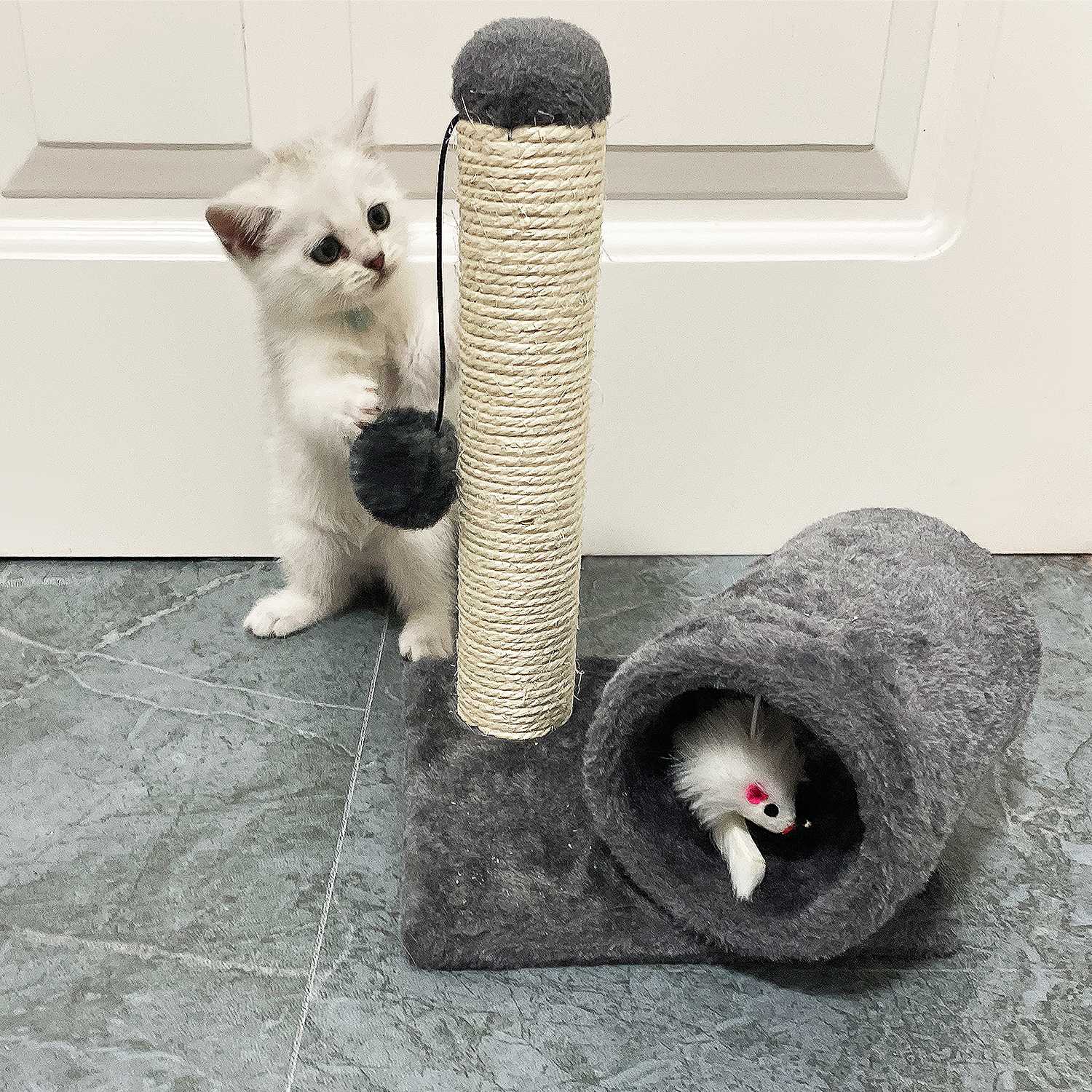 iMountek Cat Scratching Post Cat Kitten Sisal Scratch Post Toy with Tunnel and Lifelike Mouse Toy Pet Activity Play Fun