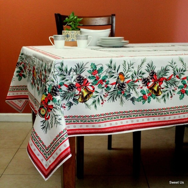 Wipeable Spill Resistant French Acrylic Coated Christmas Tablecloth - White