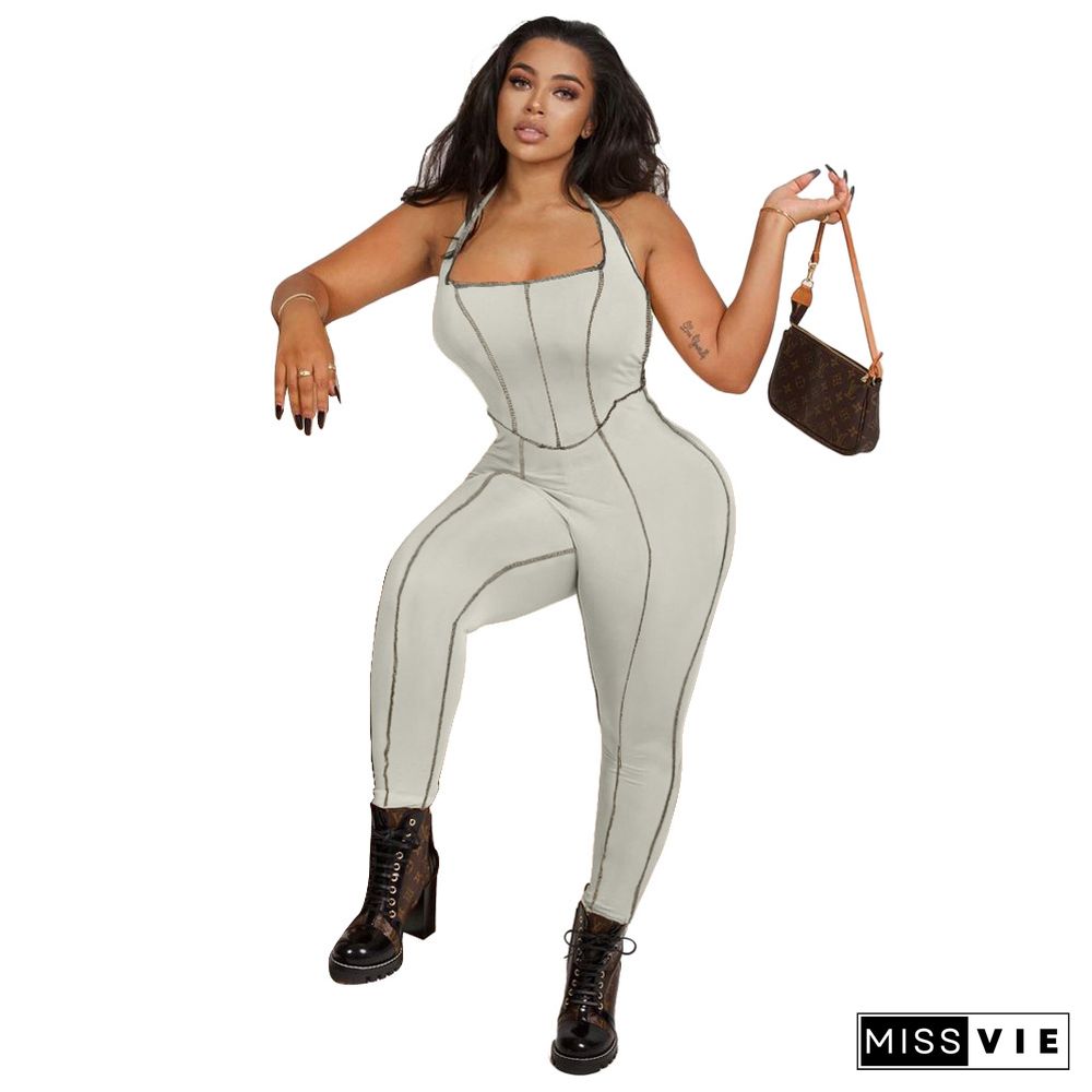 Summer New Casual Women's Stitching Design Halter Backless Sports Fitness Bodycon Jumpsuits