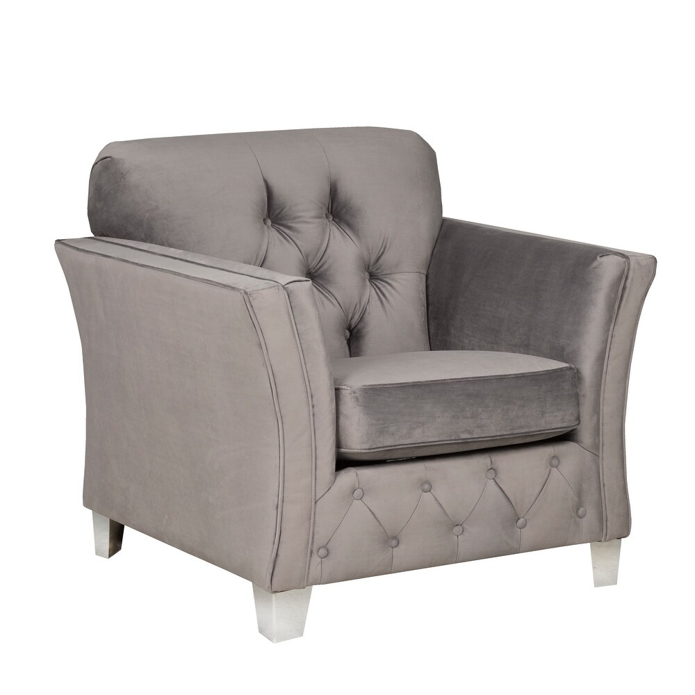 Corrie Grey Velvet Fabric Button Tufted Sofa and Two Chairs Set