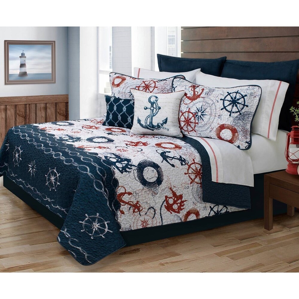 Modern Coastal Anchor Polyester Reversible Quilt Set