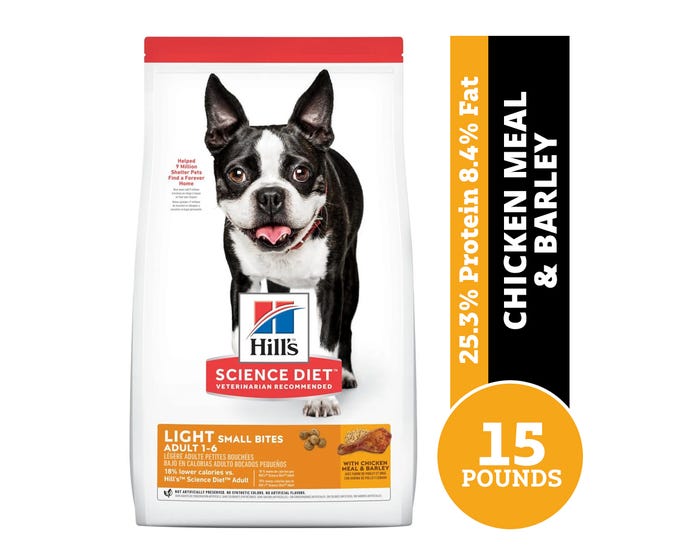 Hills Science Diet Adult Light Small Bites with Chicken Meal  Barley Dry Dog Food， 15 lb. Bag