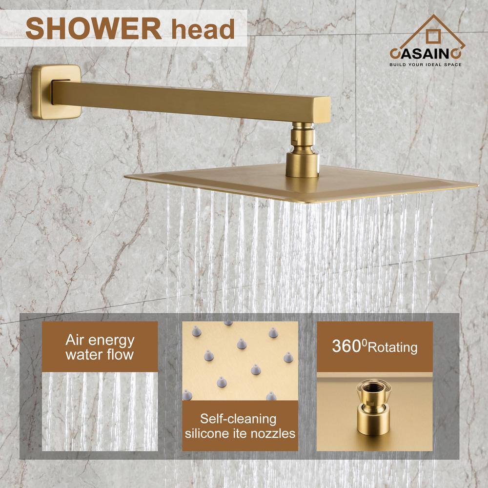 CASAINC 1-Handle 3-Spray Pattern 10 in Wall Mount Shower Head Tub and Shower Faucet Brushed Gold (Valve Included) DB-98103LSJ-10