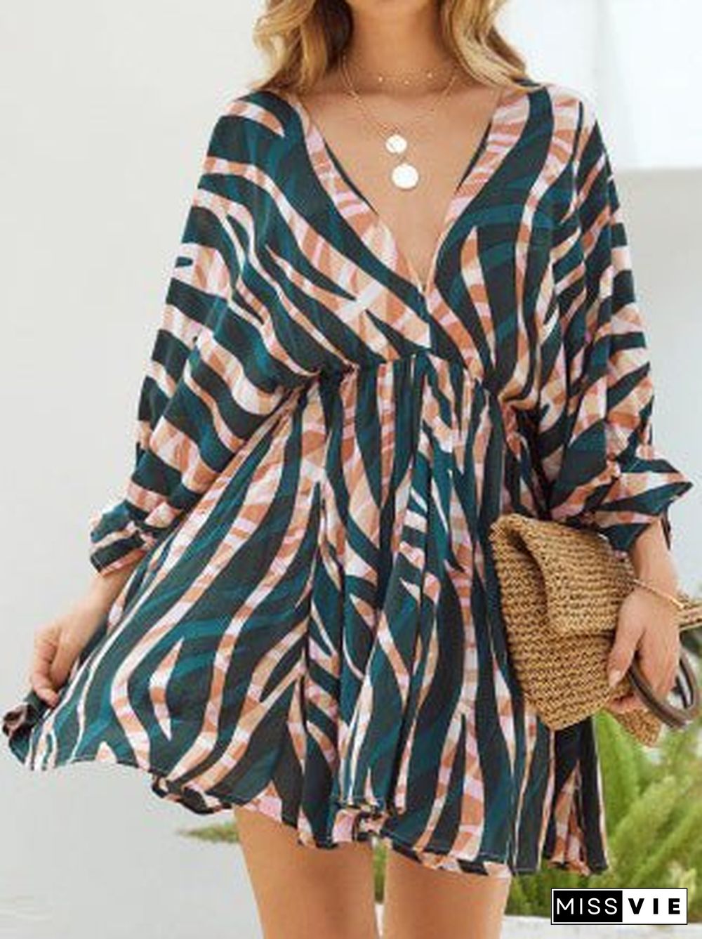 Women'S Dresses Stripe Print V-Neck Belted Long Sleeve Dress