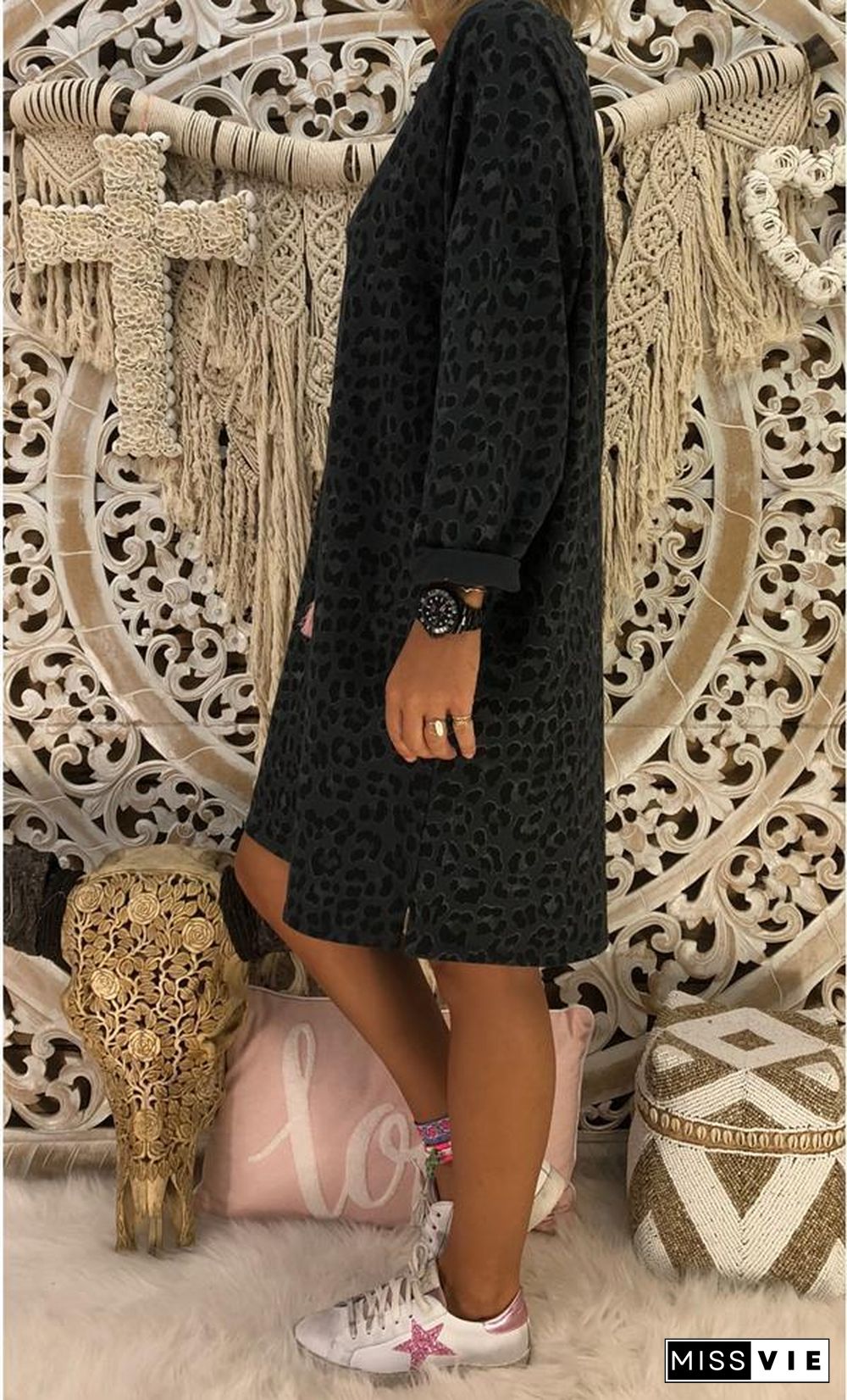 Cotton Long Sleeve Casual Printed Dresses