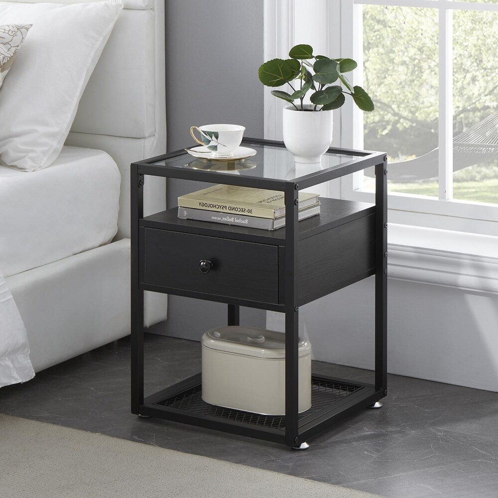 VECELO Modern 1  Drawer Nightstands with Tempered Glass Top