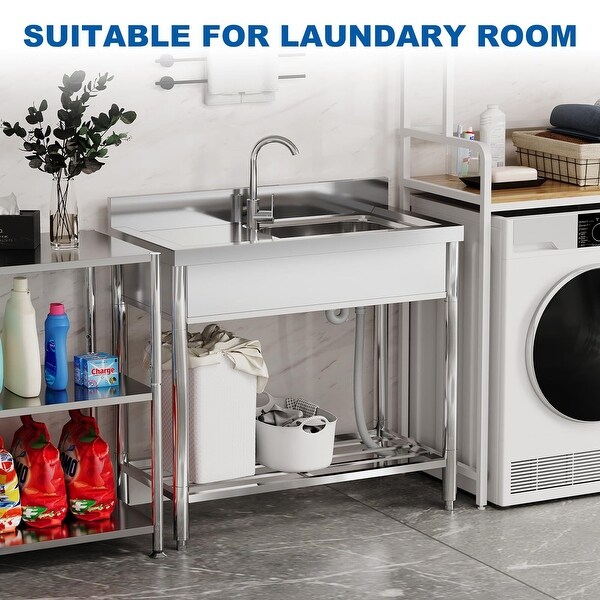 Free Standing Kitchen Sink 39''x20''x37'' Stainless Steel，With 360°Rotating Faucet