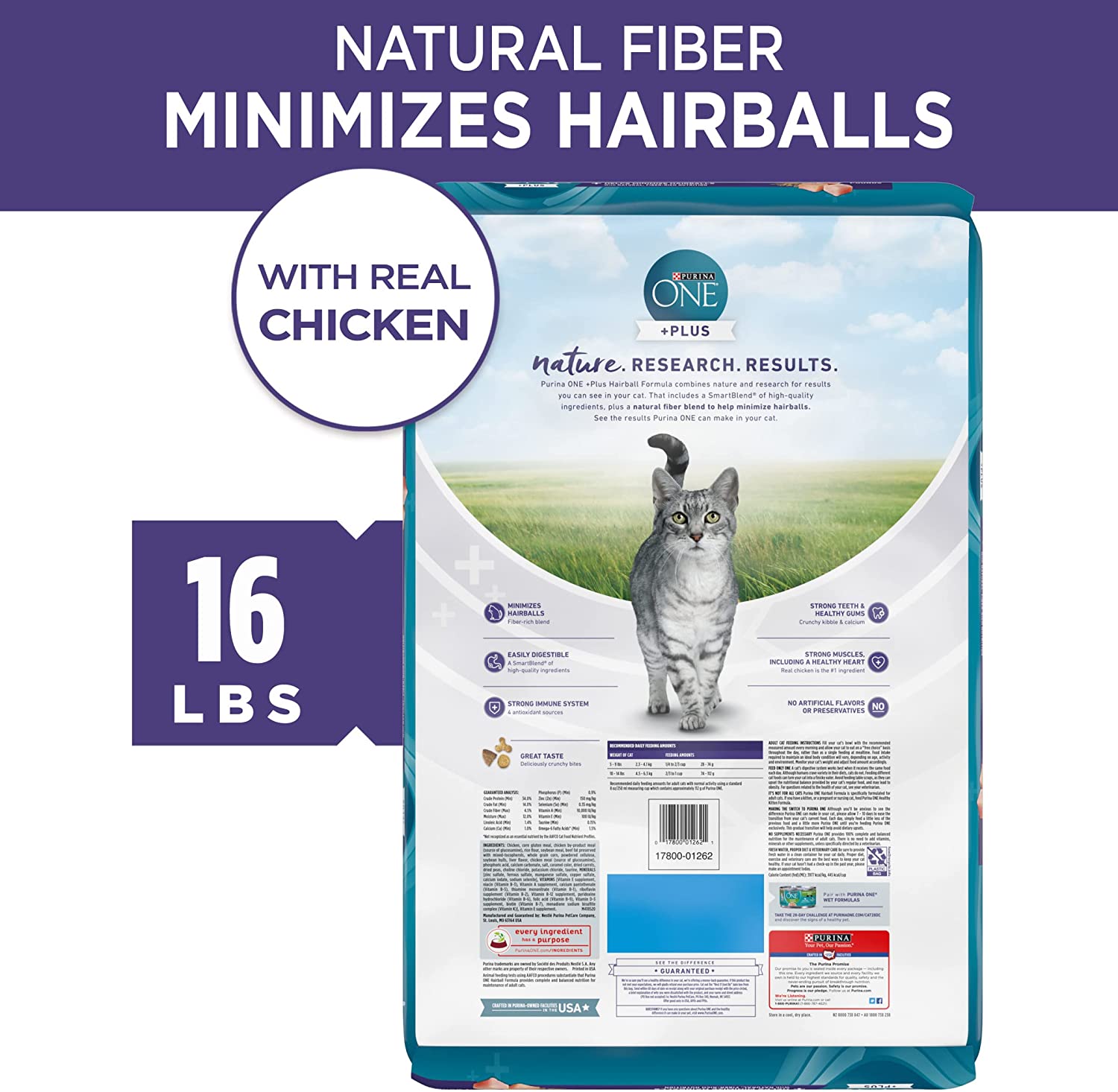 Purina ONE Hairball Control with Real Chicken High Fiber Natural Adult Dry Cat Food 16 Lb. Bag