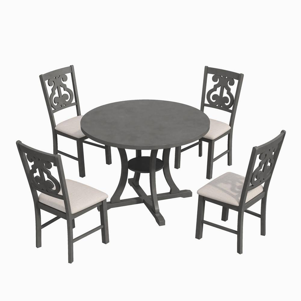 Harper  Bright Designs Exquisitely Designed 5-Piece Round Wood Top Gray Dining Table Set with Special-shaped Legs and Hollow Chair Back XW014AAE