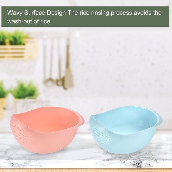 3pcs Kitchen Rice Drain Bowl Fruit Washing Basket with Handle-Blue+Pink - Blue+Pink