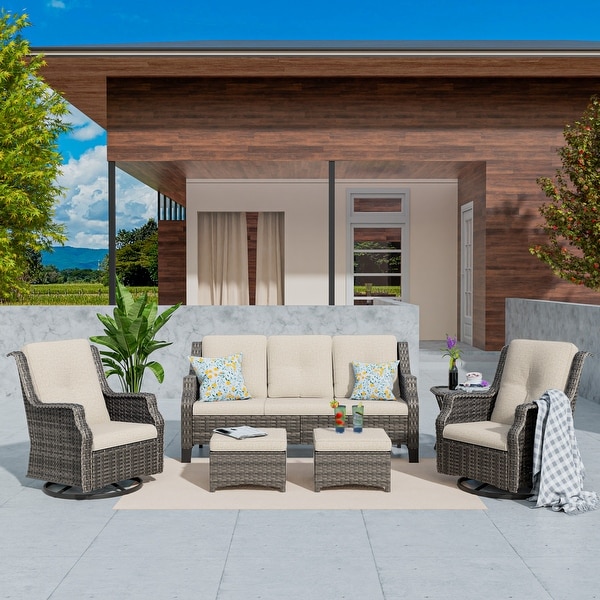 Cozywor 6Piece Outdoor Patio Swivel Rocking Wicker Conversation Lounge Chairs with Side Table and Ottoman