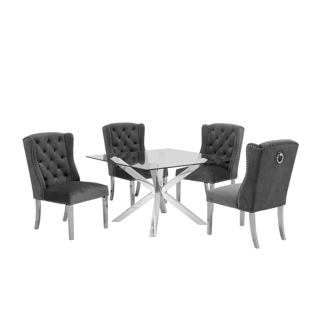 Best Quality Furniture Glass 5 Piece Dining Set Tufted Ring Chairs