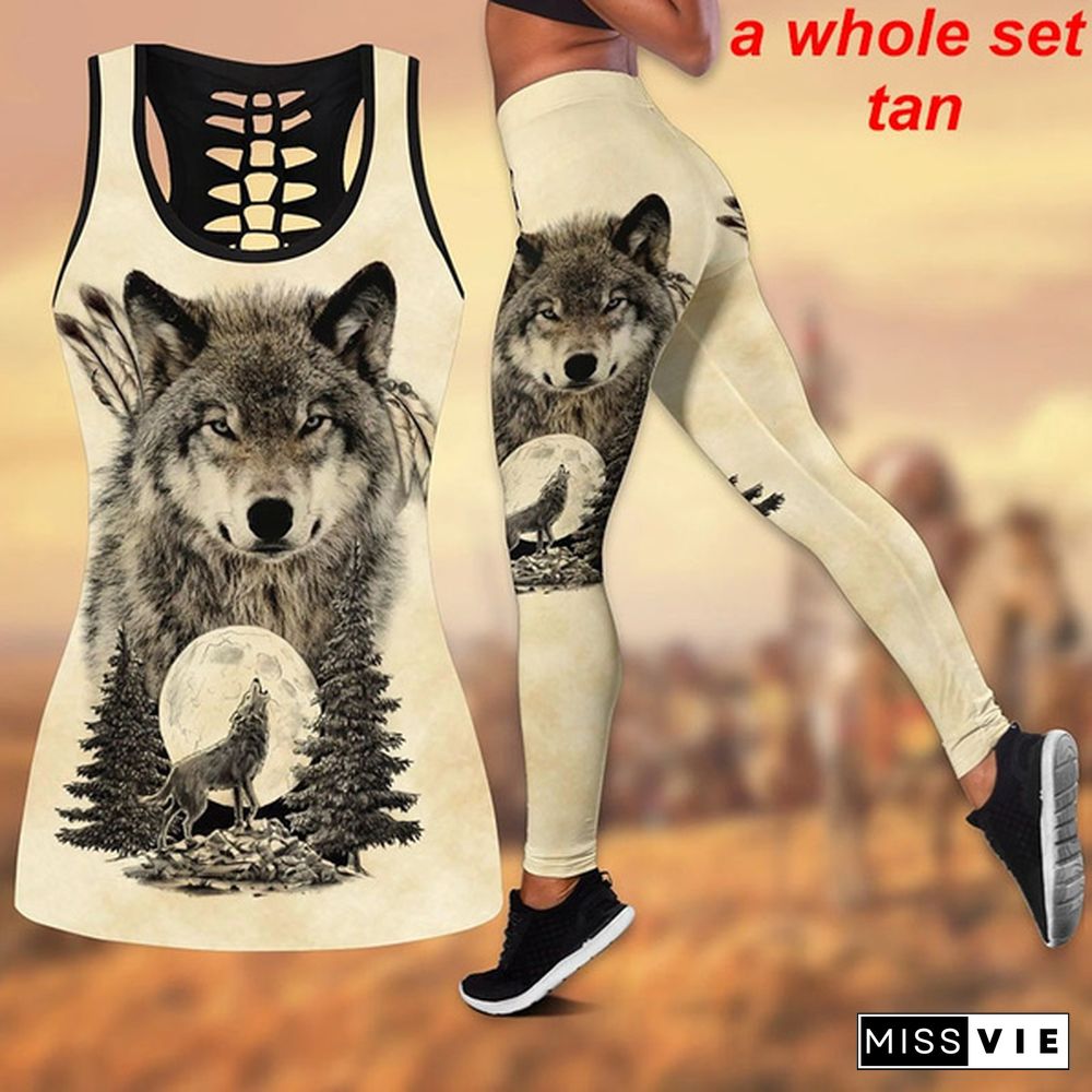 Women Wolf Native American 3D All Over Printed Legging + Hollow Tank Sleeveless Shirt Summer Vest for Women Plus Size Yoga Tank Tops Leggings Suit