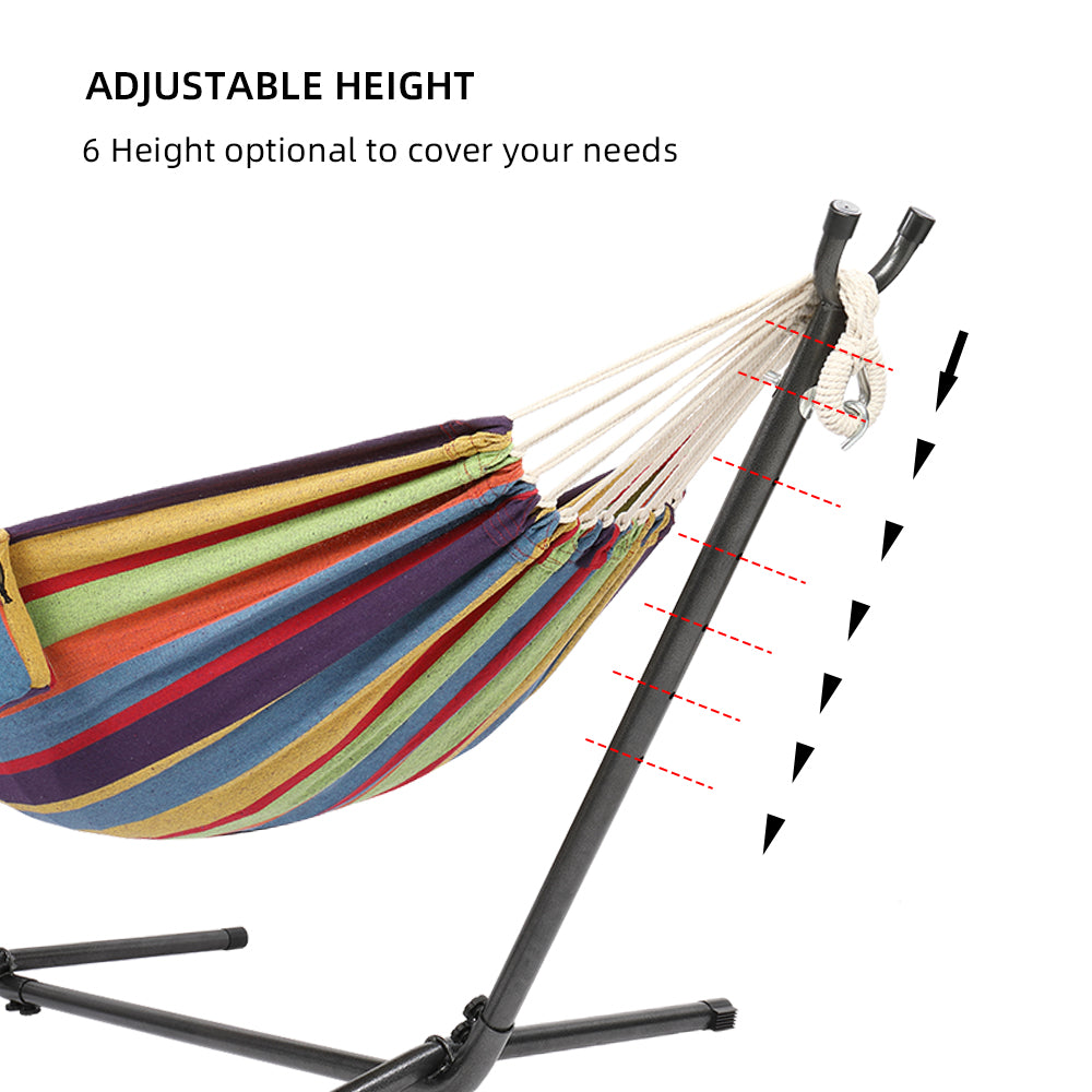 ONCLOUD 9 FT Heavy Duty Steel Stand with Double Hammock w/ Carrying Case,Pillows,Cup Holders for Outdoor or Indoor,Rainbow Stripe