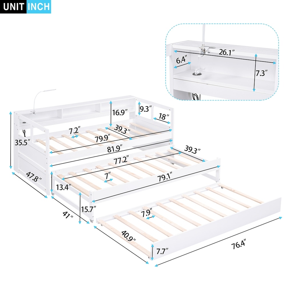 Space Saving Twin XL Daybed with Trundles  Light  USB Charging   Storage