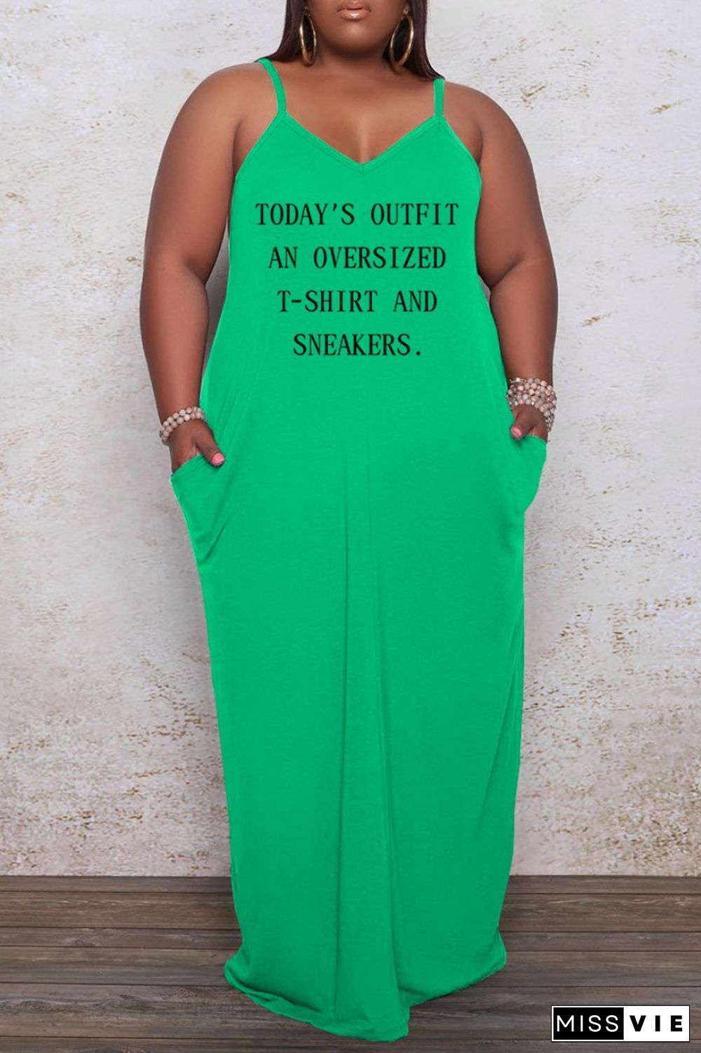 Green Sexy Casual Letter Print Solid Backless Spaghetti Strap Long Dress Plus Size Dresses