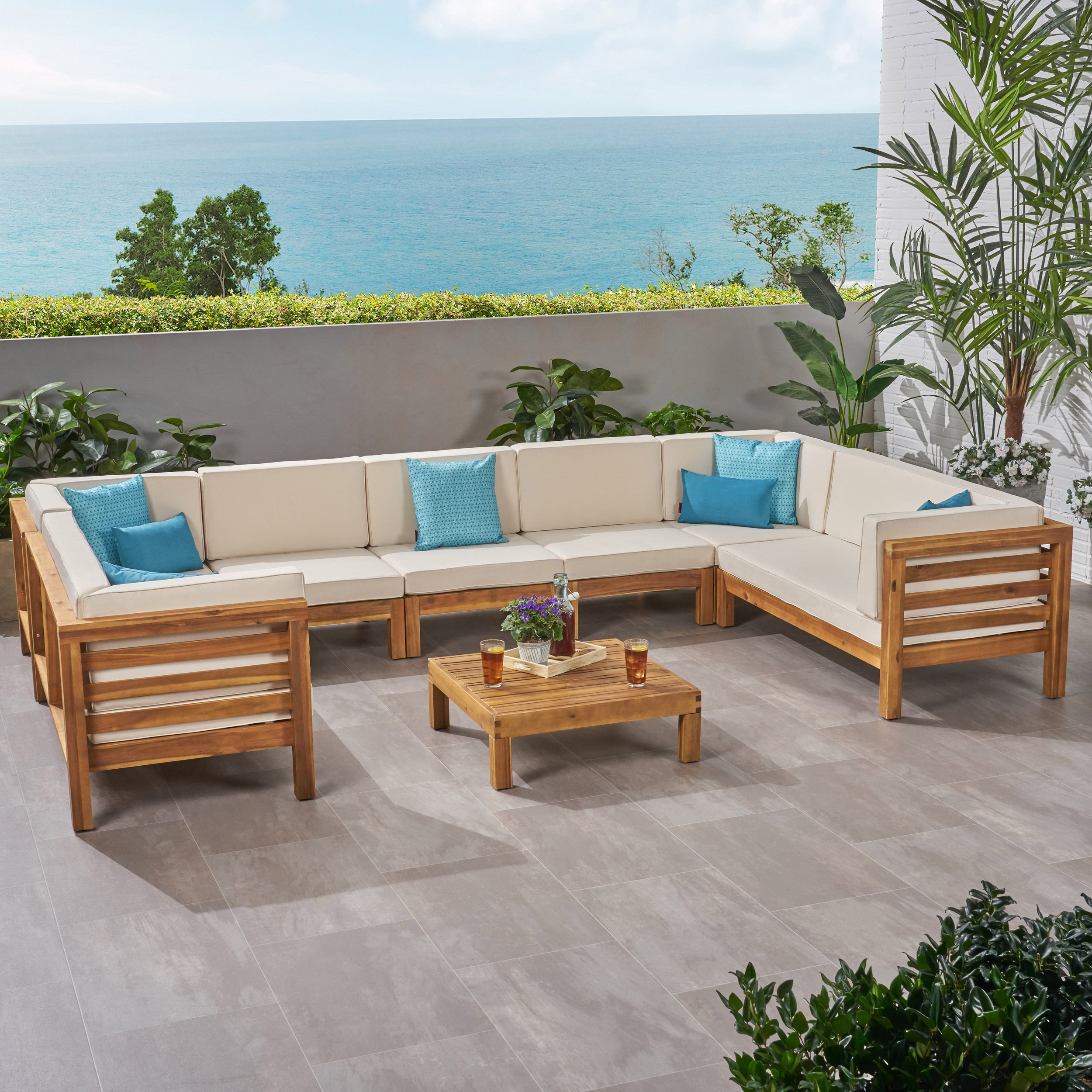 Emma Outdoor 9 Seater Acacia Wood Sectional Sofa Set