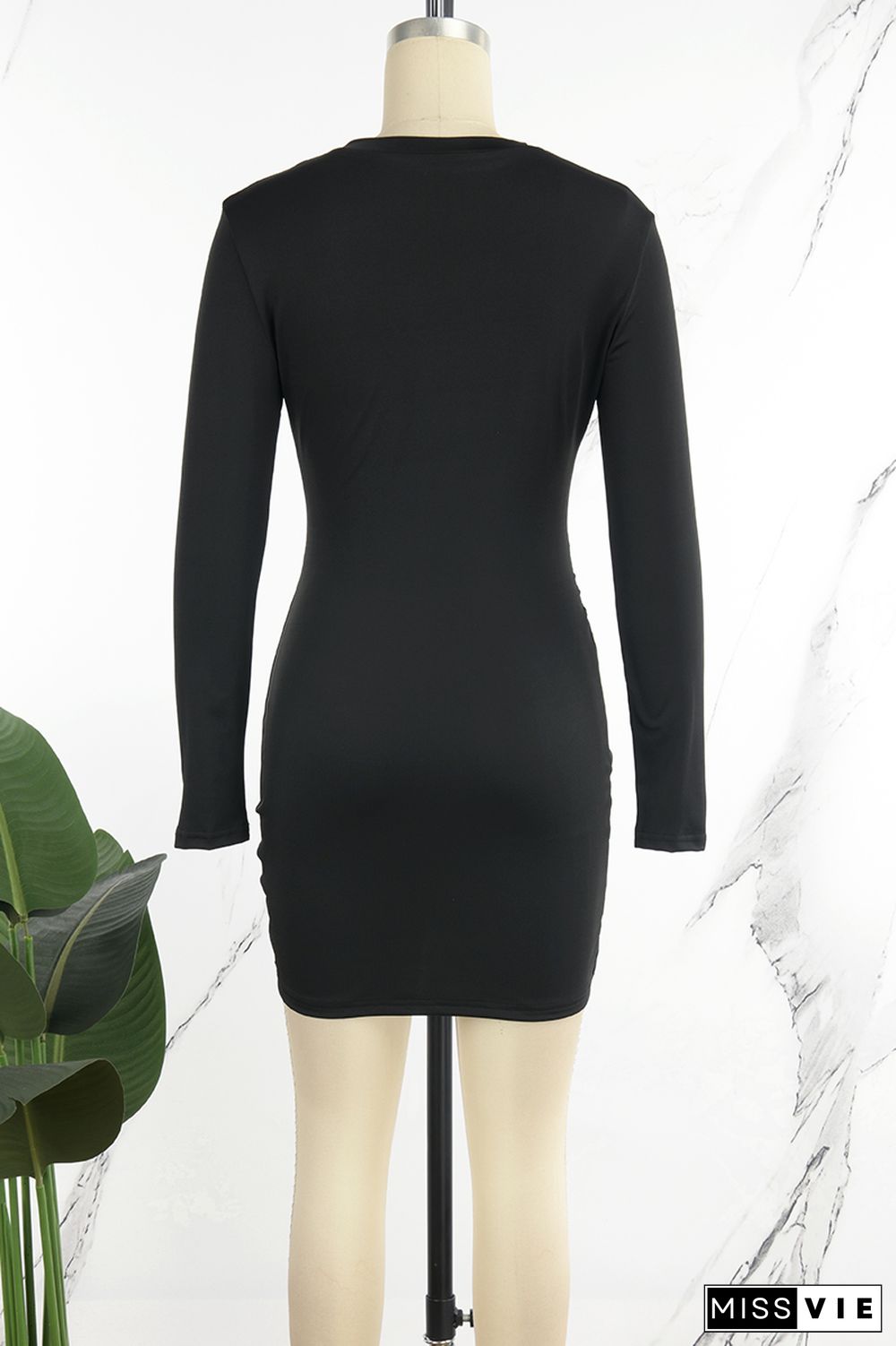 Black Casual Solid Draw String Frenulum O Neck Long Sleeve Dresses