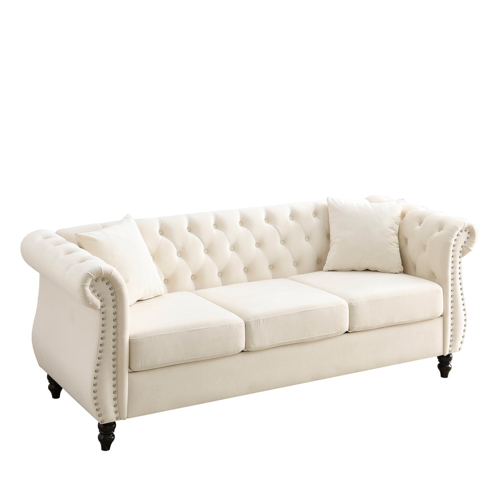 Velvet Chesterfield Sofa Set with Nailhead Trim and Tufted Low Back (Includes Pillows  3 Seater + Loveseat)