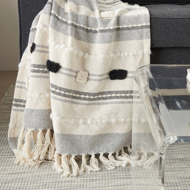 Ribbed With Pom pom Throw Blanket Black ivory Mina Victory