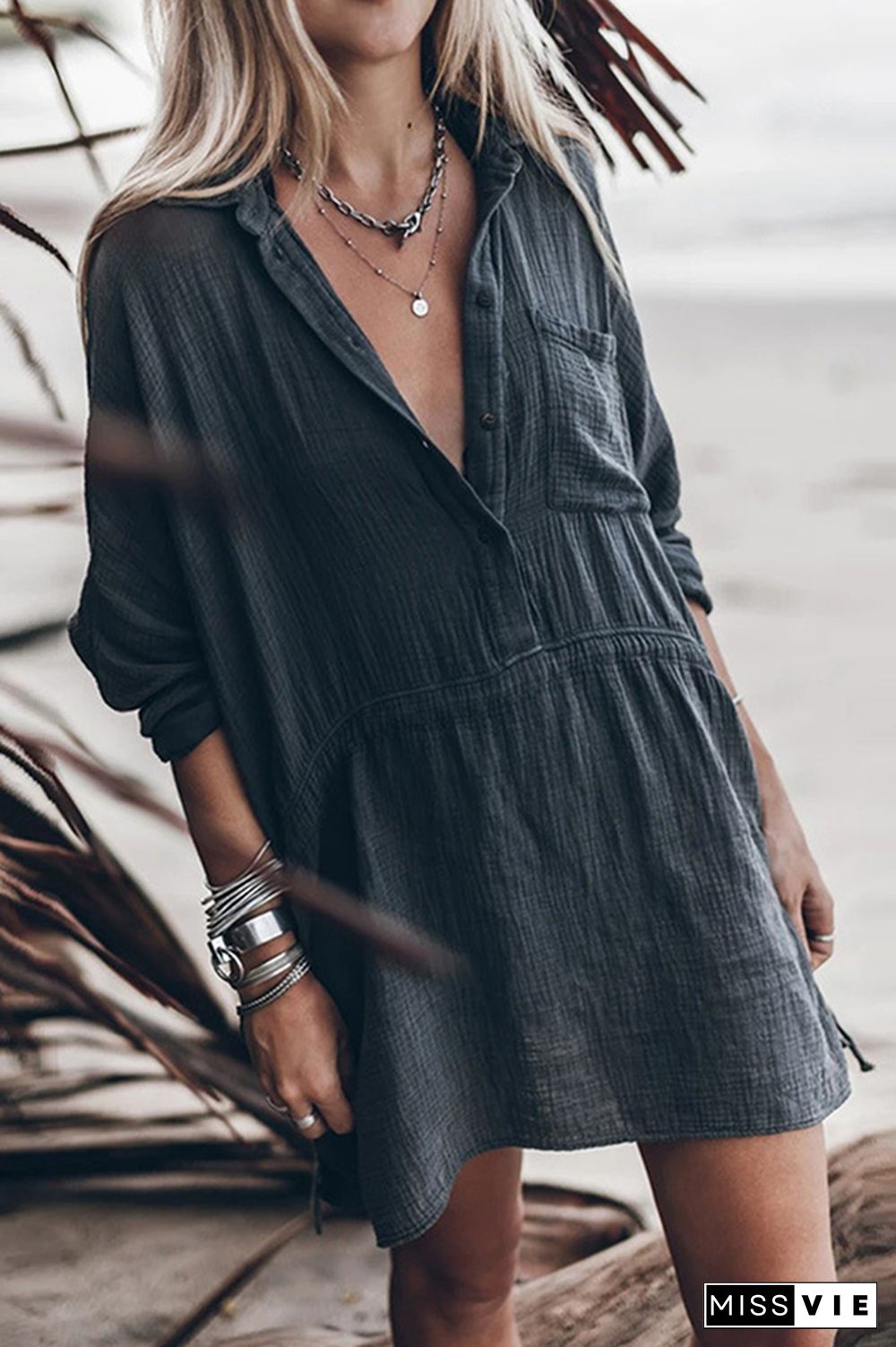 Casual Solid Pocket Buckle Turndown Collar Dresses