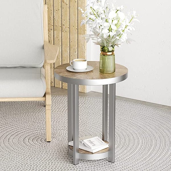 Modern Round Silver End Table， Contemporary Metal Frame Side Table for Living Room， 2-Tier End Table， Natural Wood and Silver