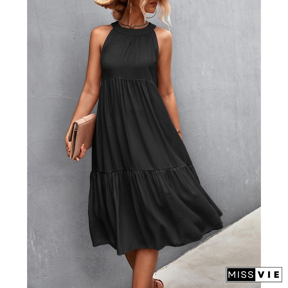 Elegant Sexy Dress Women Summer Dresses New Casual Loose Beach High Waist Solid Sleeveless A-line Midi O-neck Halter Dress