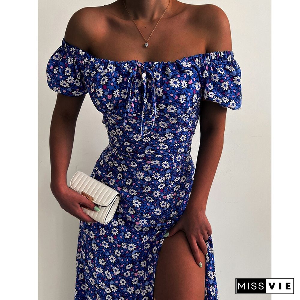 Elegant Floral Print Hem Split Dresses Women Summer Dress New Strapless Short Puff Sleeves Sexy A-line Midi Dress