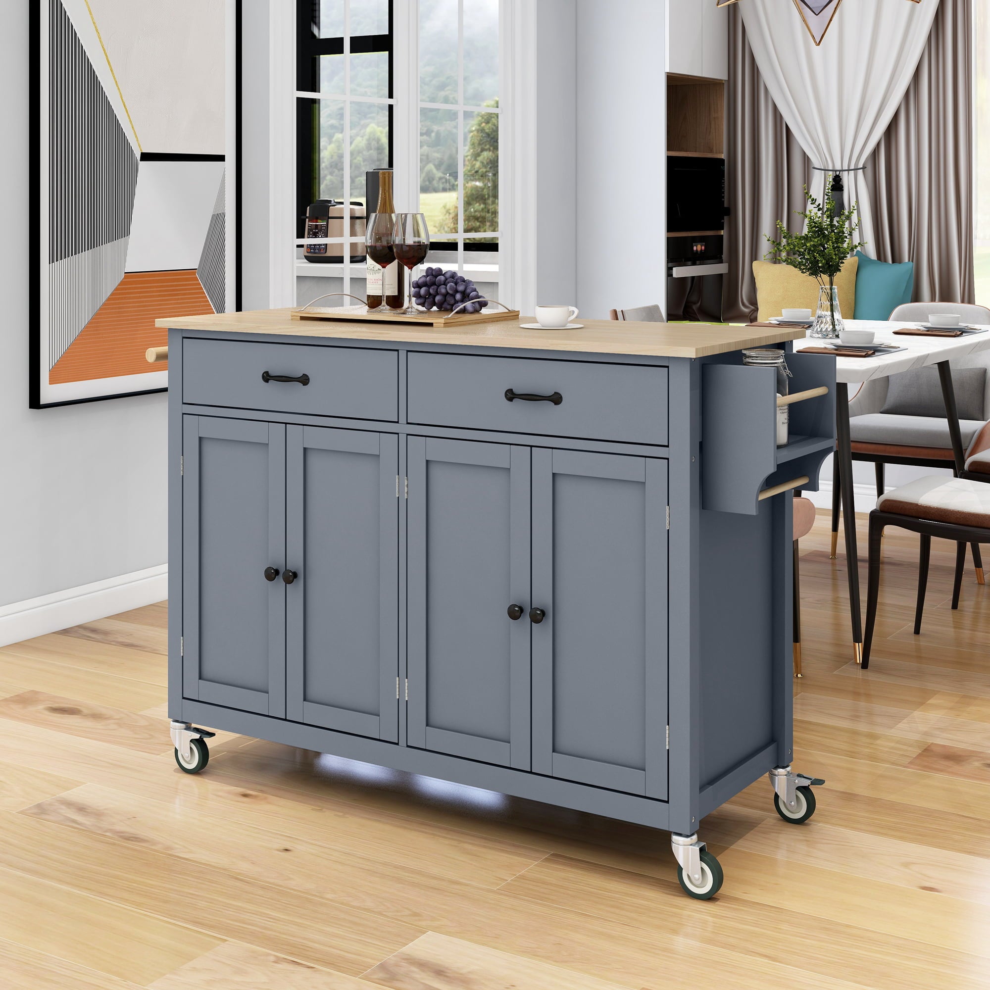 Kitchen Island on Wheels， Zarler Kitchen Island Cart with Solid Wood Top Utility Rolling Cart Trolley， GrayBlue