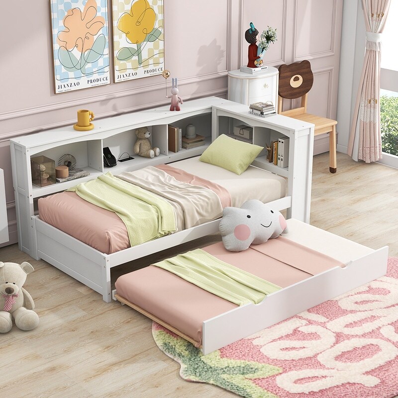 Twin Size Day Bed with Bookcases  Daybed with Trundle USB Ports and 5 Built in Storage Cabinets  Wood