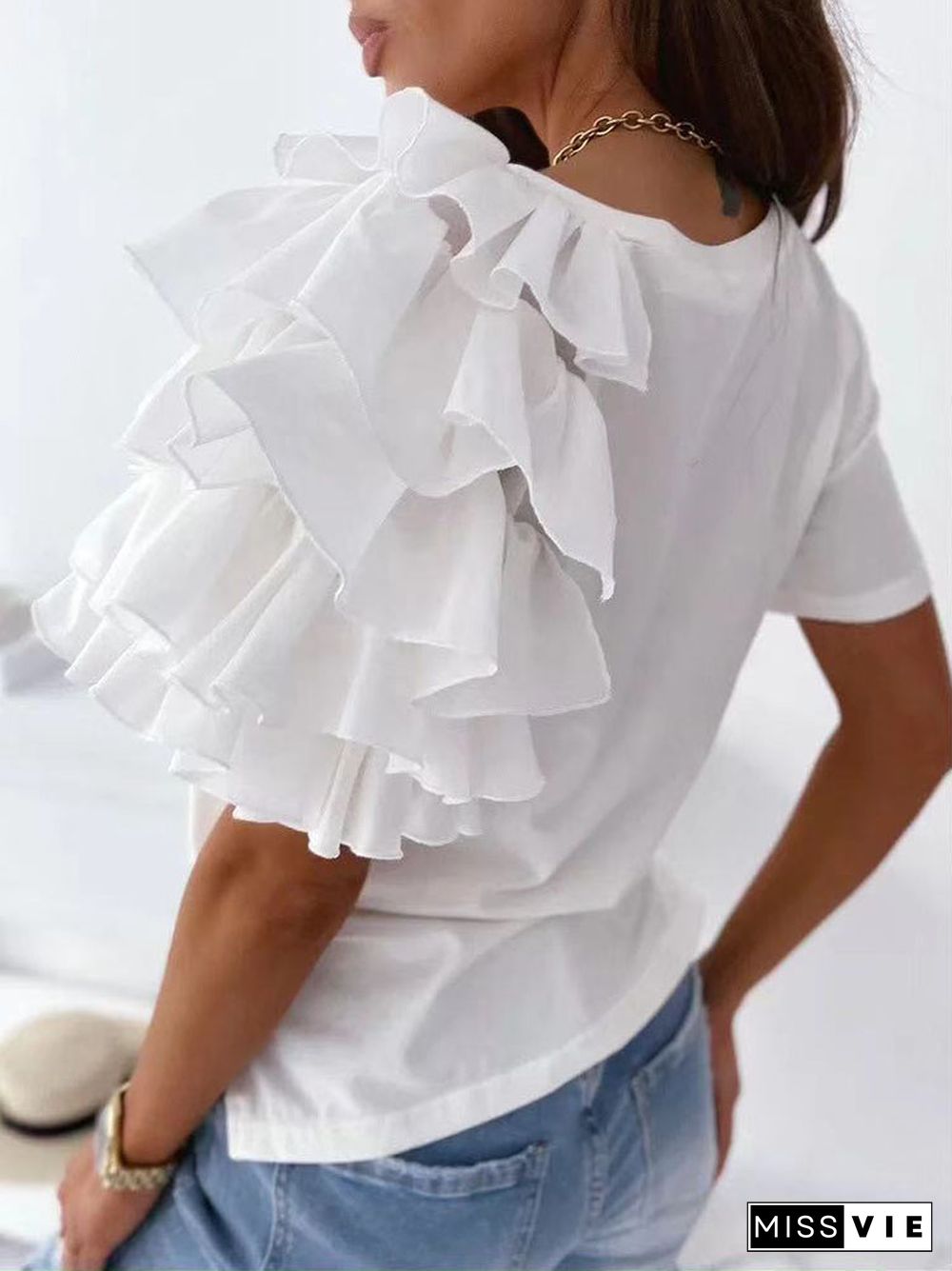 Summer Short Sleeve Women's T-Shirt Pullover Casual O Neck Blouse Fashion Layered Ruffle Top Shirt Streetwear For Women Clothing