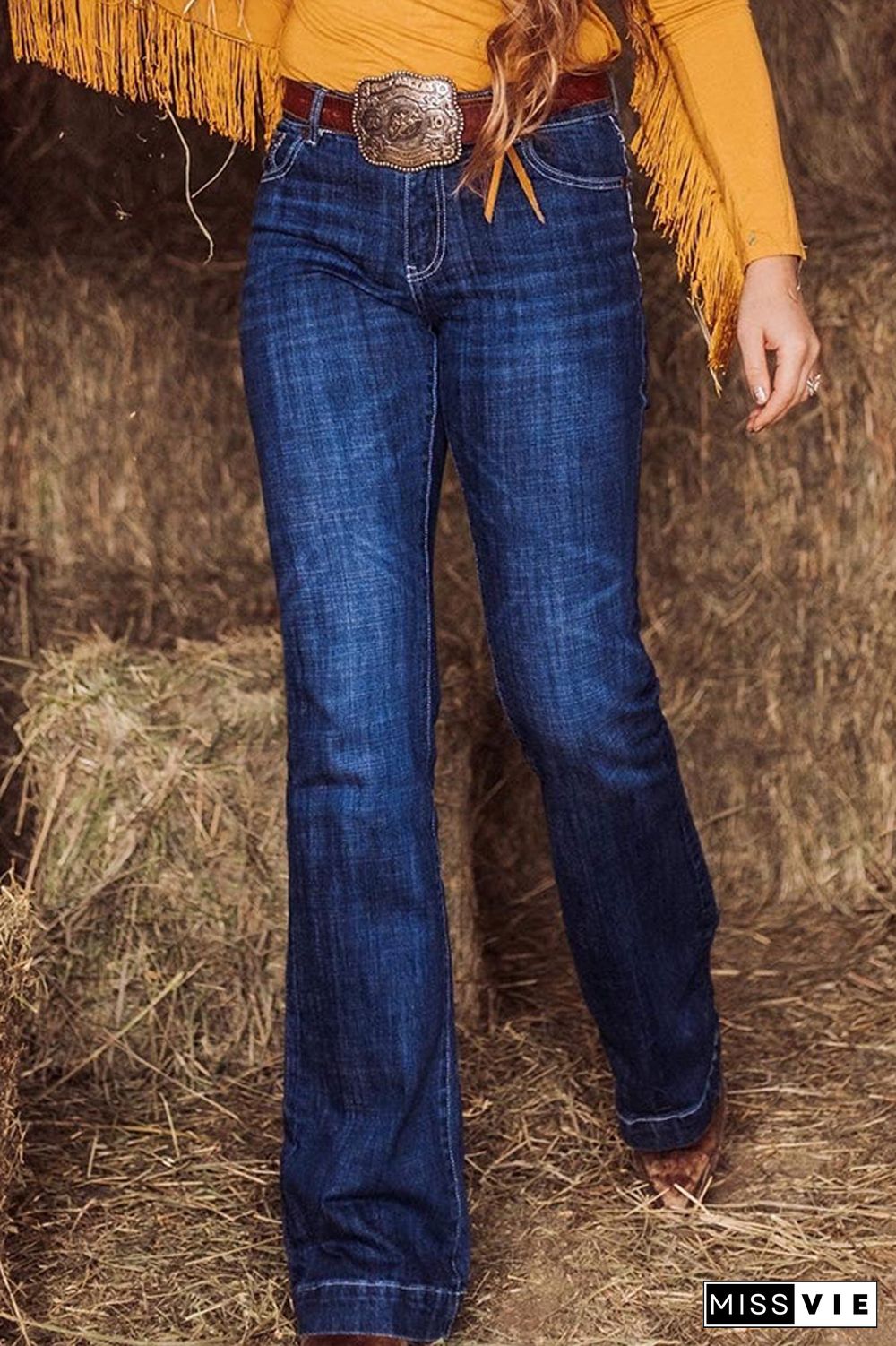 Embroidery Pocket Mid Waist Straight Leg Jeans Without Belt