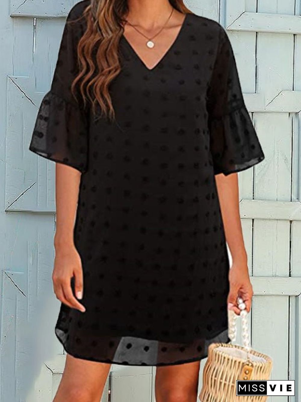 Women'S Dresses Solid Jacquard Dots Chiffon Short Sleeve Dress