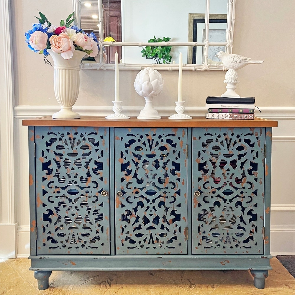 Retro Antique Hollow Carved 3 door Storage Cabinet