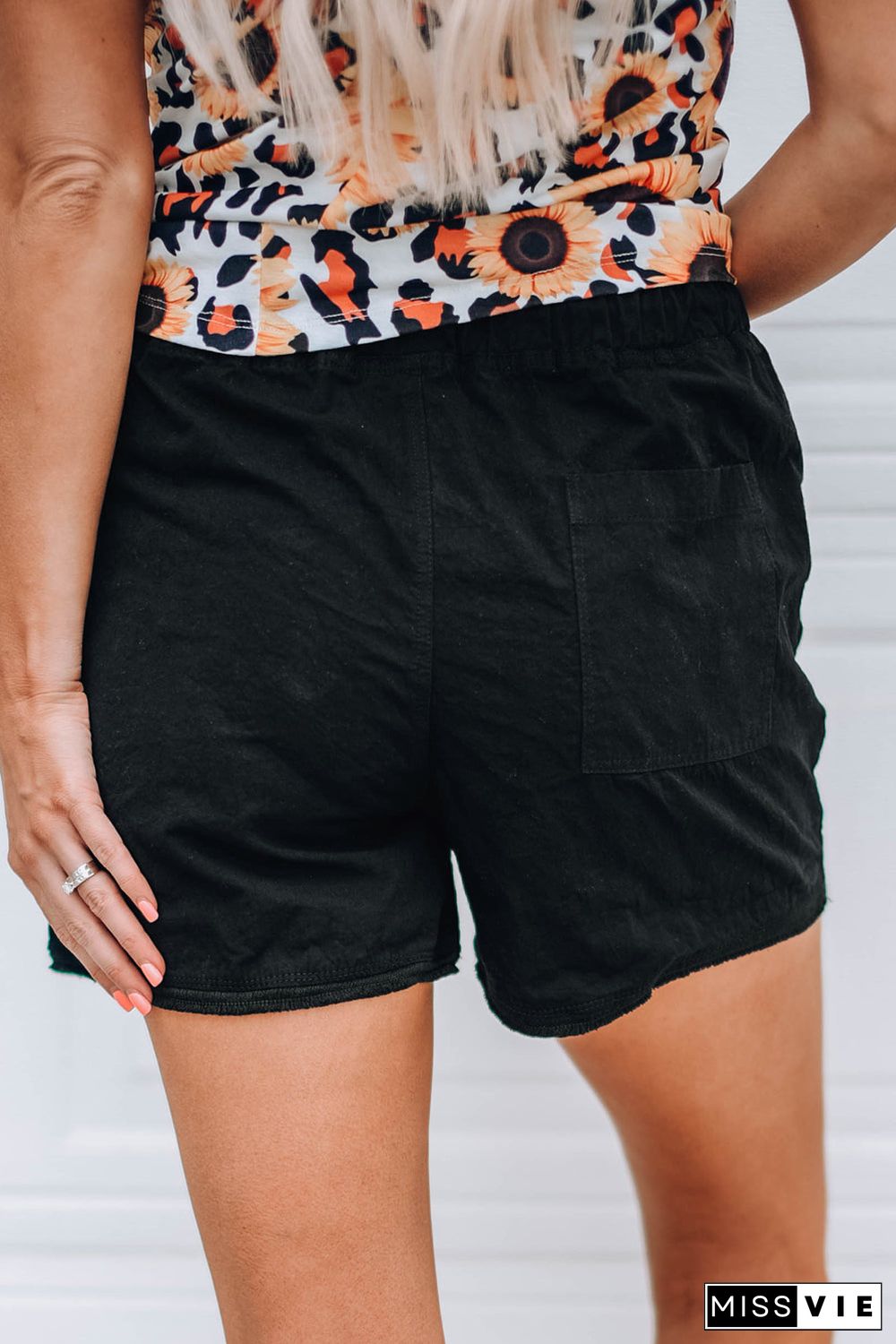 Solid Color Drawstring Frayed Hem Pocketed Shorts