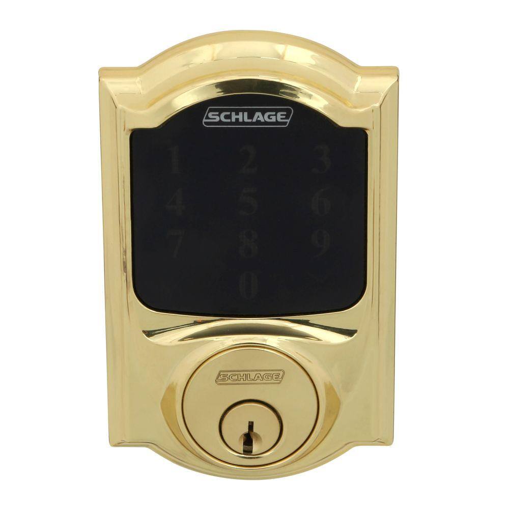 Schlage Camelot Bright Brass Connect Smart Lock with Alarm and Georgian Door Knob Handleset BE469ZP V CAM605 + FE285 V CAM 605 GEO