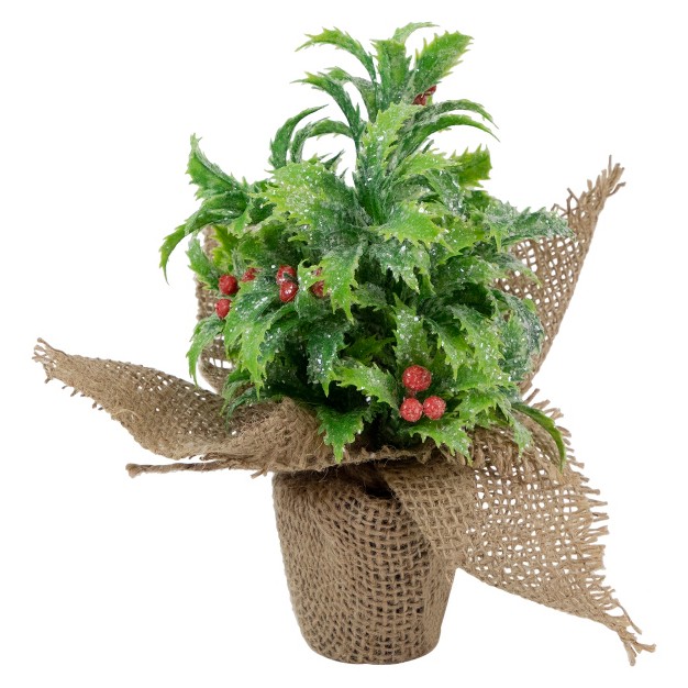 Iced Artificial Christmas Holly Berry Plant In Burlap Base