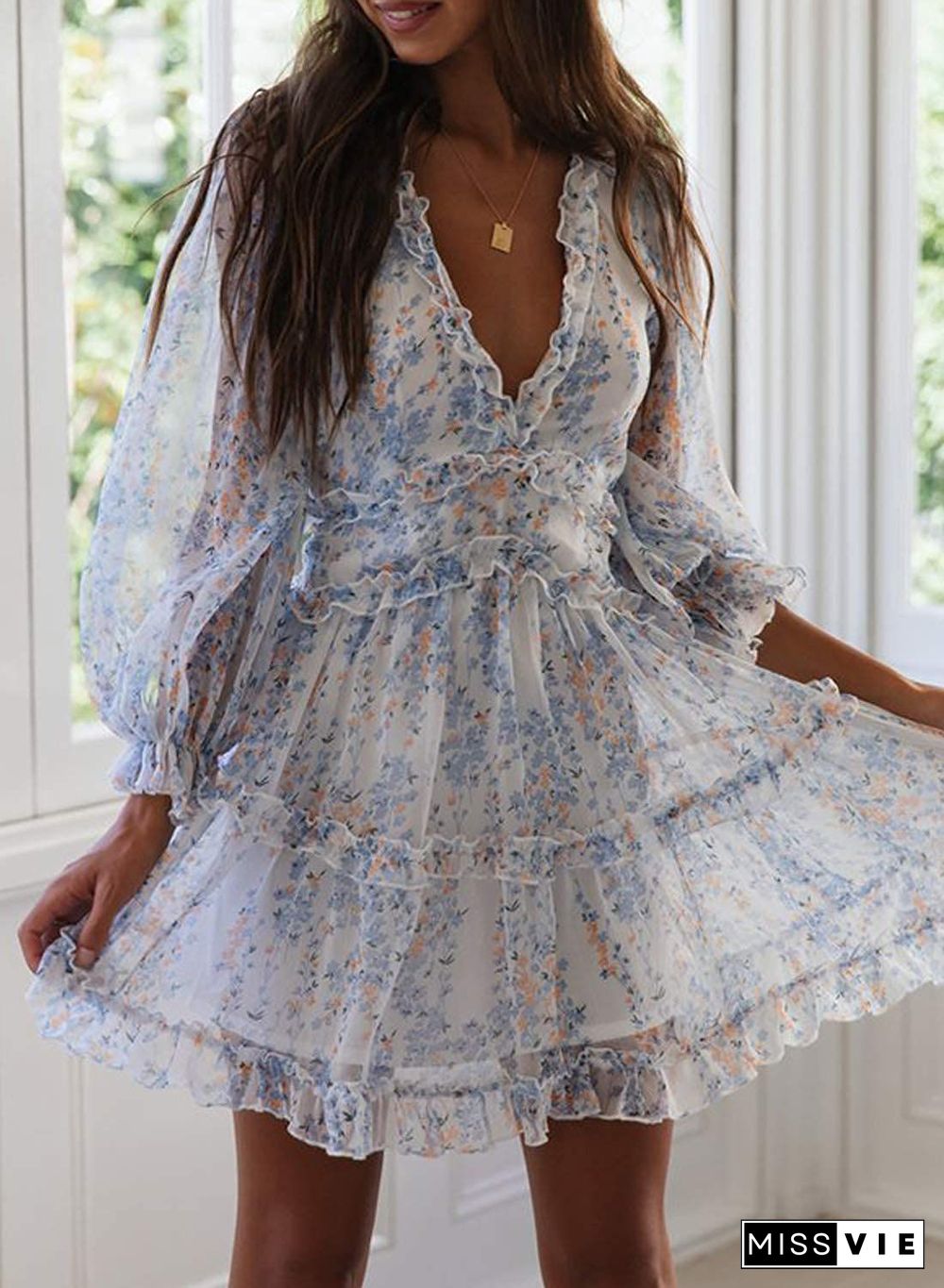 Ditsy Floral Prints Ruffle Edge Tiered Long Sleeve Boho Dress